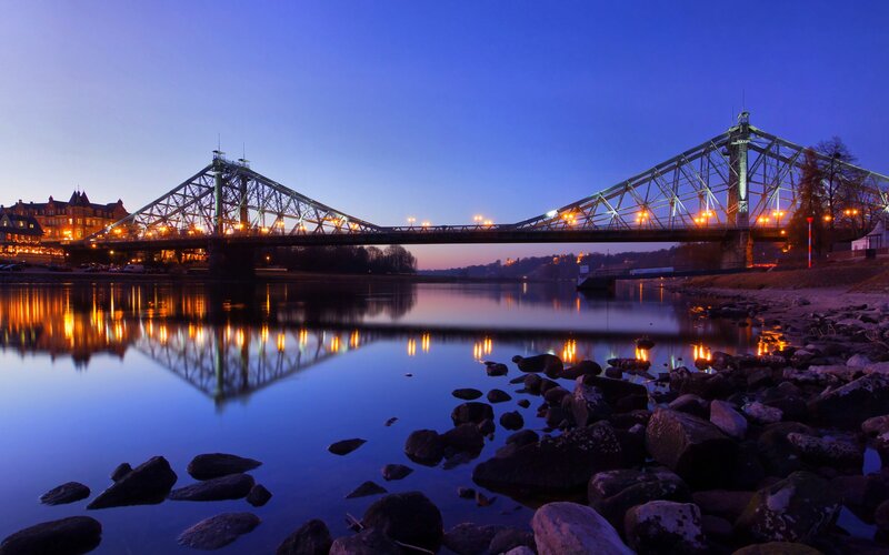 Bridge over River at Dusk — Blue, Serene, Night, Photograph, Rocks