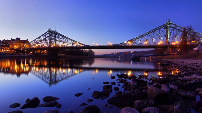Bridge over River at Dusk — Blue, Serene, Night, Photograph