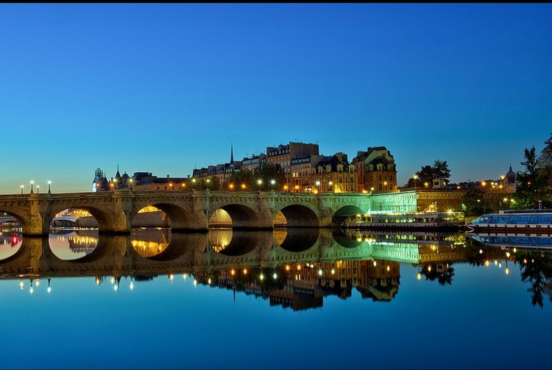 Bridge over River at Dusk — Blue, Serene, Night