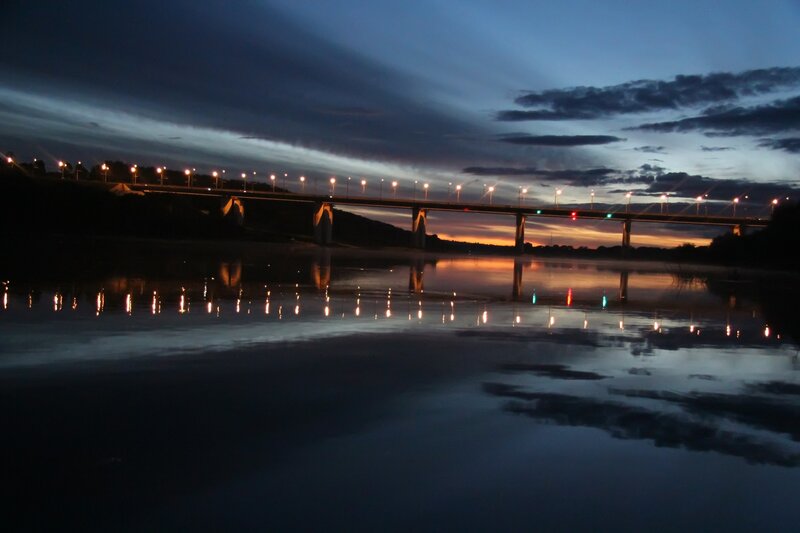 Bridge over River at Dusk — Blue, Serene, Photograph