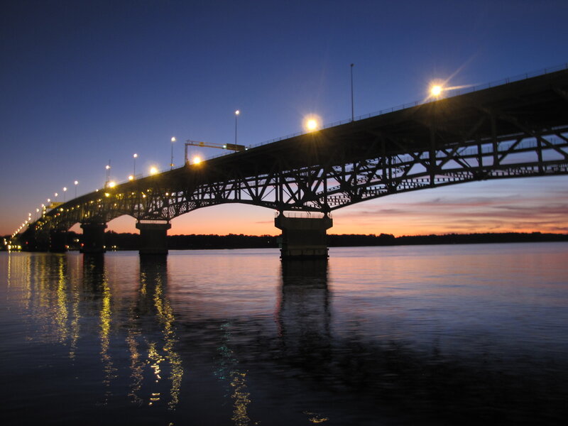 Bridge over River at Dusk — Blue, Serene, Sunset, Photograph