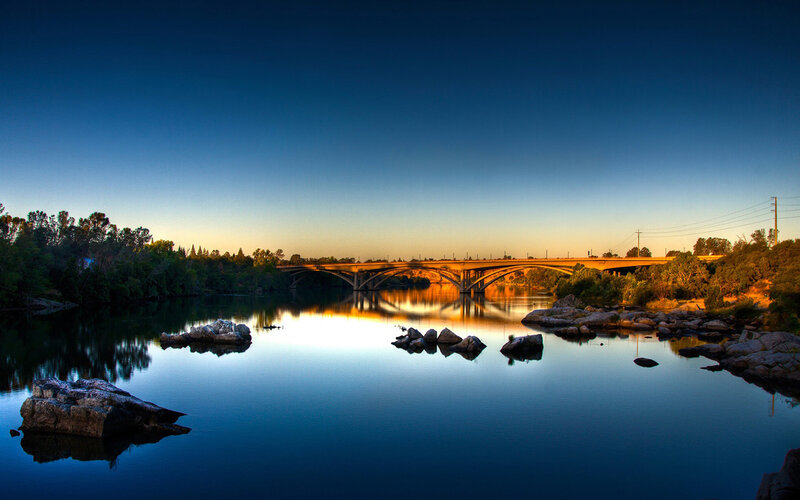 Bridge over River at Dusk — Blue, Serene