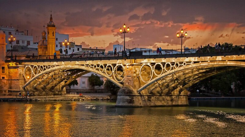 Bridge over River at Dusk — Orange, Dramatic