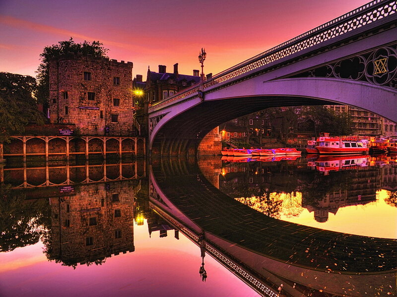 Bridge over River at Dusk — Purple, Dramatic