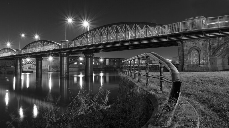 Bridge over River at Night — Black, Dramatic, Photograph