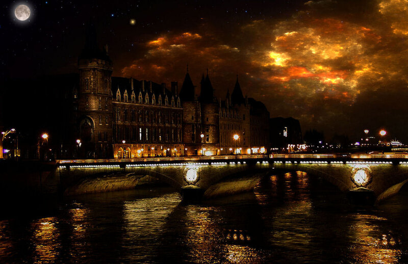 Bridge over River at Night — Black, Dramatic