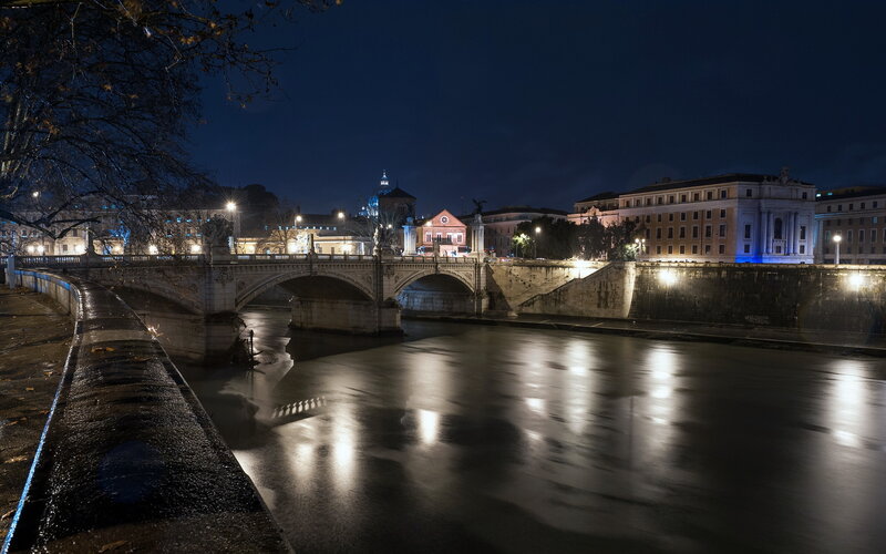 Bridge over River at Night — Black, Serene, Photograph