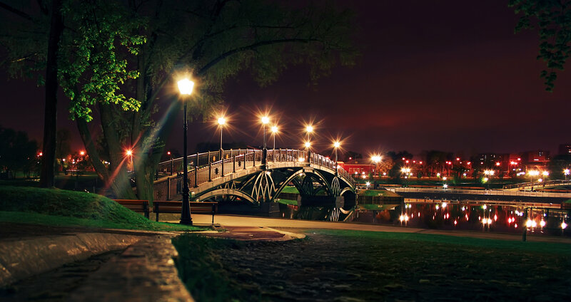 Bridge over River at Night — Black, Serene