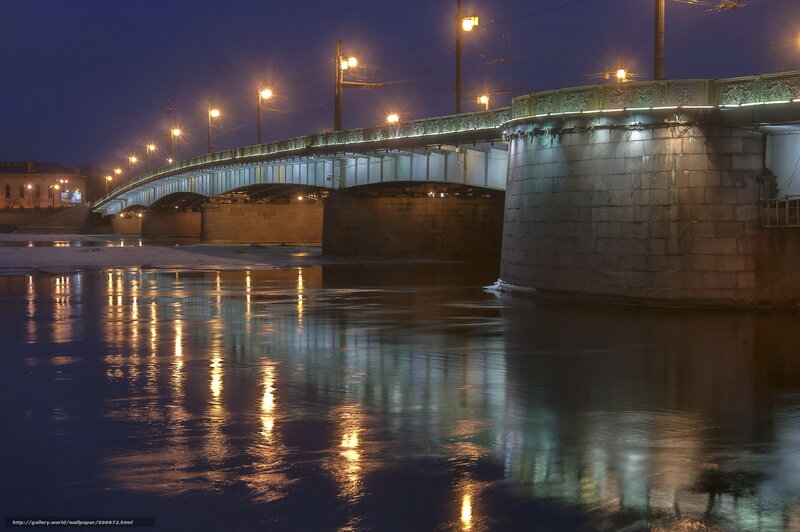 Bridge over River at Night — Blue, Calm, Photograph, Lights