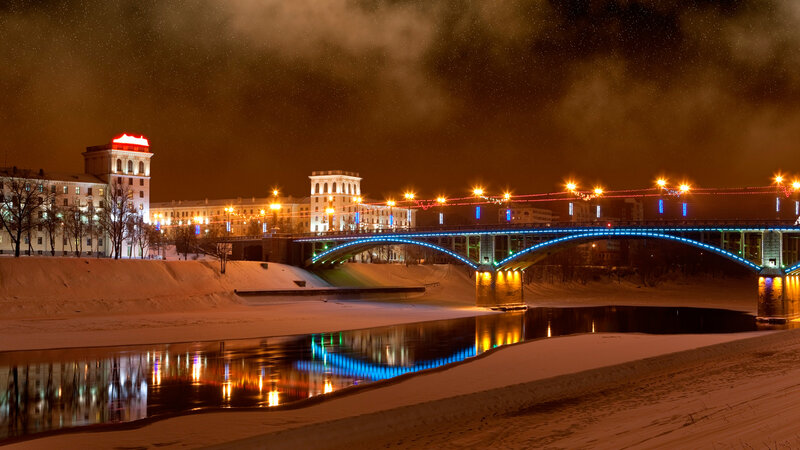 Bridge over River at Night — Blue, Calm, Photograph