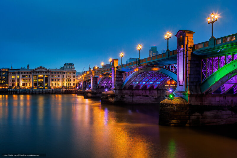Bridge over River at Night — Blue, Dramatic, Photograph