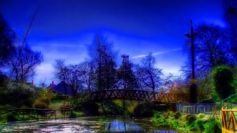 Bridge over River at Night — Blue, Dramatic