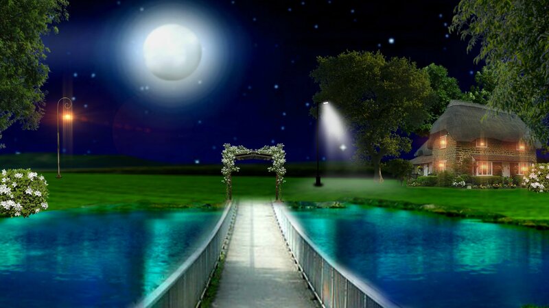 Bridge over River at Night — Blue, Serene, Digital Art, Moon