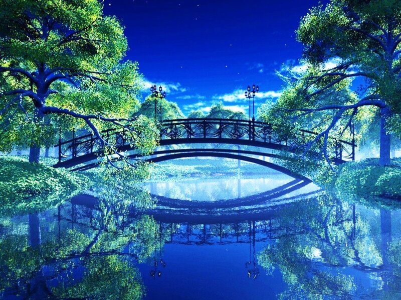 Bridge over River at Night — Blue, Serene, Digital Art