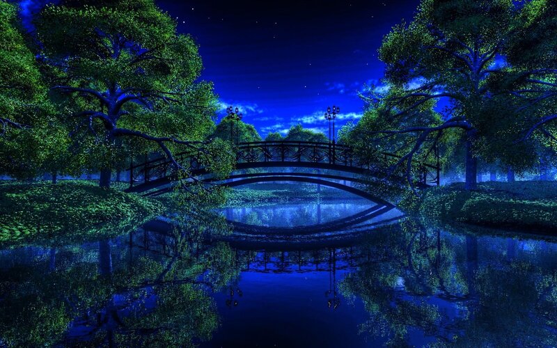 Bridge over River at Night — Blue, Serene, Digital Art, Trees