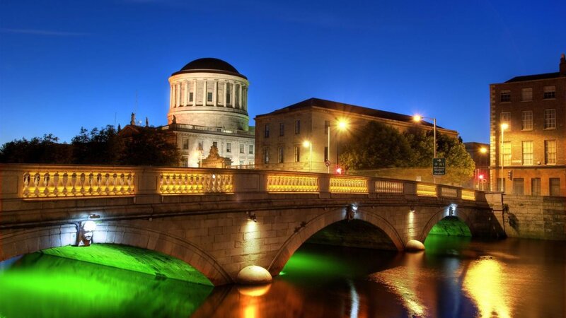 Bridge over River at Night — Blue, Serene, Photograph, Building, Streetlights