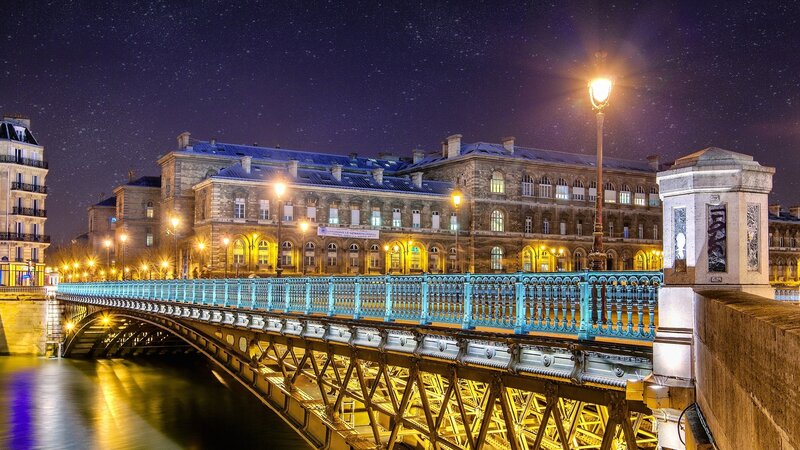 Bridge over River at Night — Blue, Serene, Photograph, Building