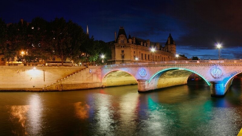 Bridge over River at Night — Blue, Serene, Photograph, Building, Trees