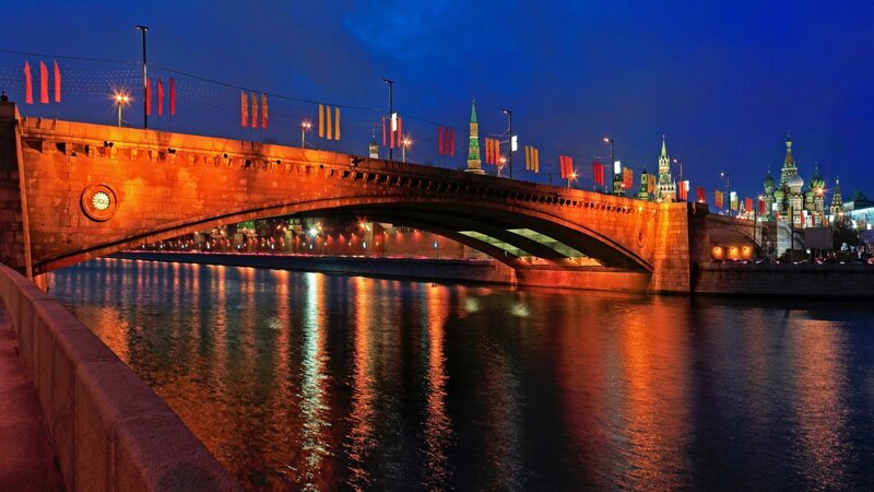 Bridge over River at Night — Blue, Serene, Photograph, Clock