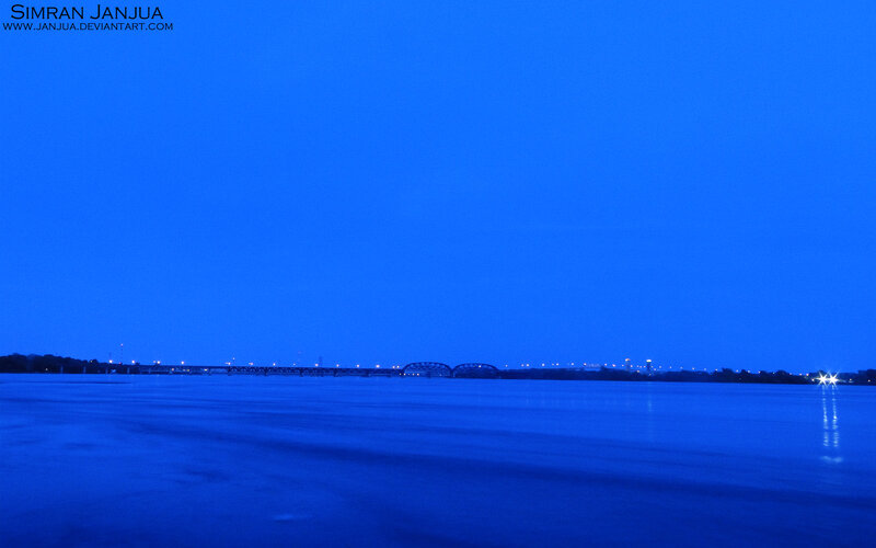 Bridge over River at Night — Blue, Serene, Photograph, Lights