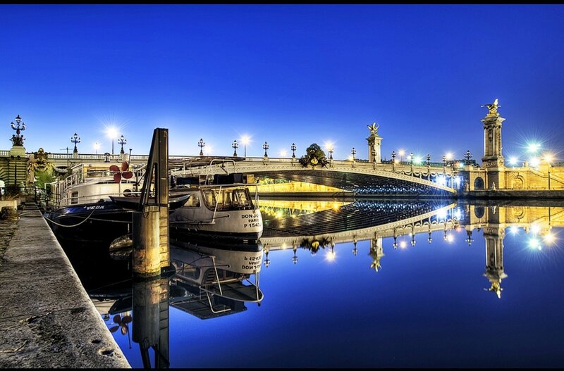 Bridge over River at Night — Blue, Serene, Photograph