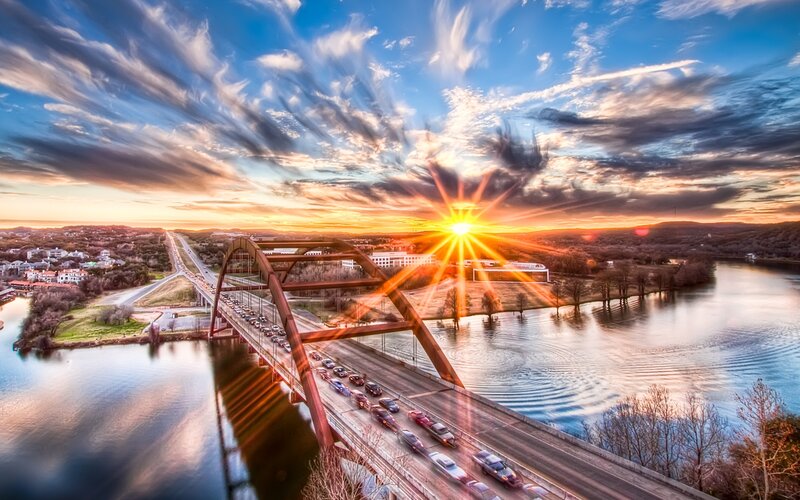 Bridge over River at Sunset — Blue, Dramatic, Photograph, Cars