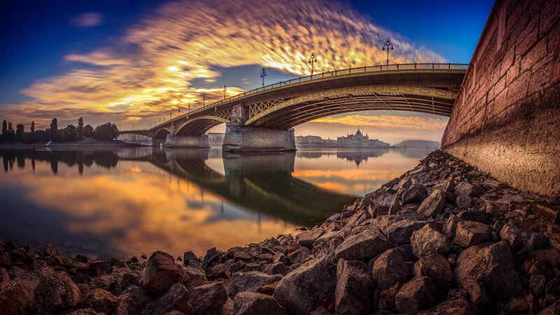 Bridge over River at Sunset — Blue, Dramatic, Photograph, Sky