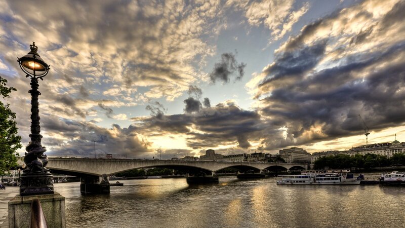 Bridge over River at Sunset — Blue, Dramatic, Photograph