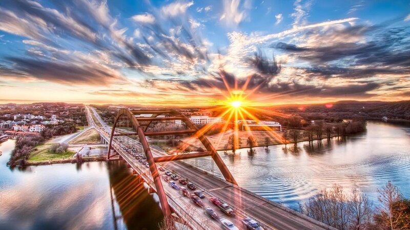 Bridge over River at Sunset — Blue, Dramatic