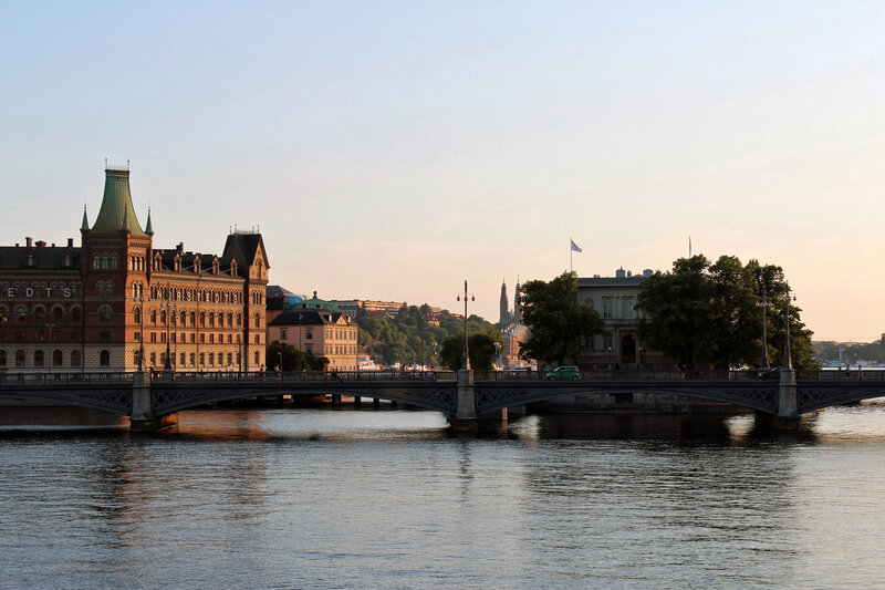 Bridge over River at Sunset — Blue, Serene