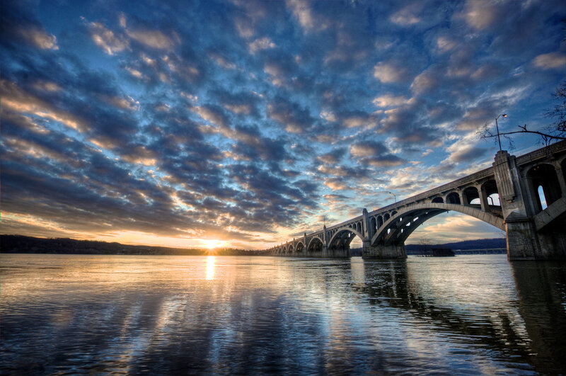 Bridge over River at Sunset — Blue
