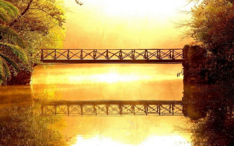 Bridge over River at Sunset — Gold, Serene