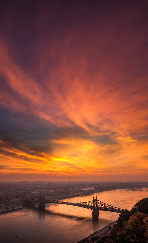 Bridge over River at Sunset — Orange, Dramatic, Photograph