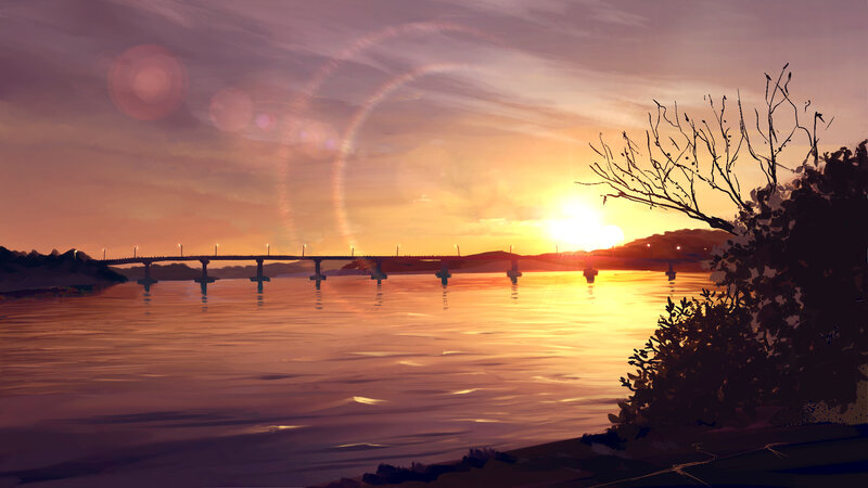 Bridge over River at Sunset — Orange, Serene, Digital Art