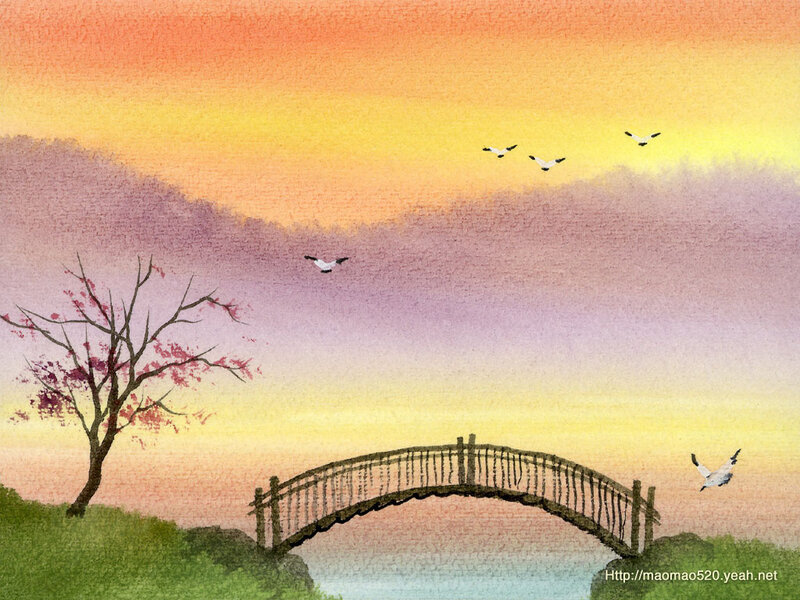 Bridge over River at Sunset — Orange, Serene, Painting