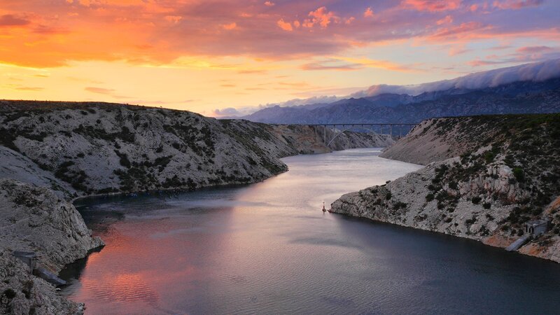 Bridge over River at Sunset — Orange, Serene, Photograph, Mountains