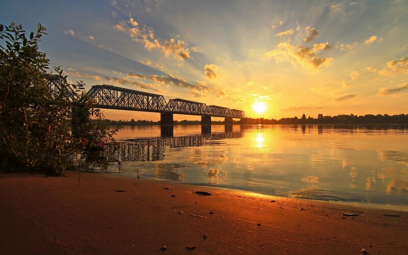Bridge over River at Sunset — Orange, Serene, Photograph