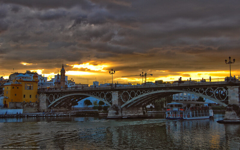 Bridge over River at Sunset — Yellow, Dramatic, Photograph