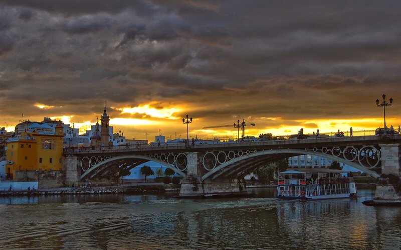 Bridge over River at Sunset — Yellow, Dramatic