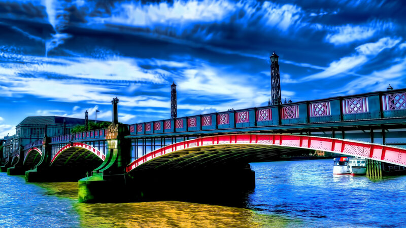 Bridge over River — Blue, Dramatic, Afternoon, Photograph, Boat