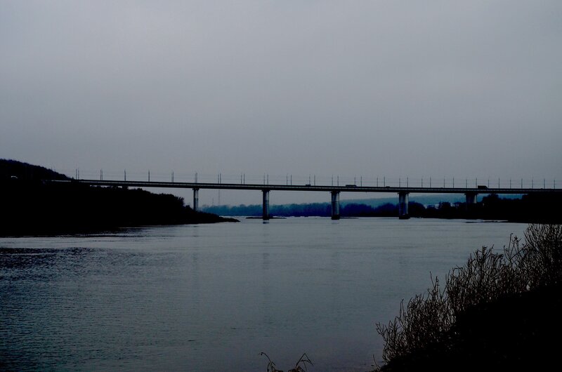 Bridge over River — Gray, Overcast, Night, Photograph