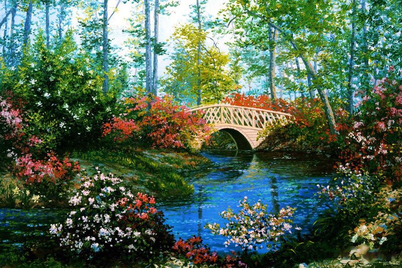 Bridge over River in Forest — Blue