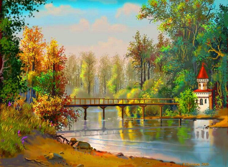 Bridge over River in Forest — Green, Serene, Autumn, Painting, Trees, Tower