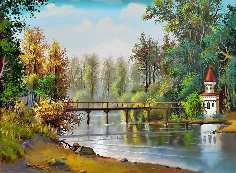 Bridge over River in Forest — Green, Serene, Autumn
