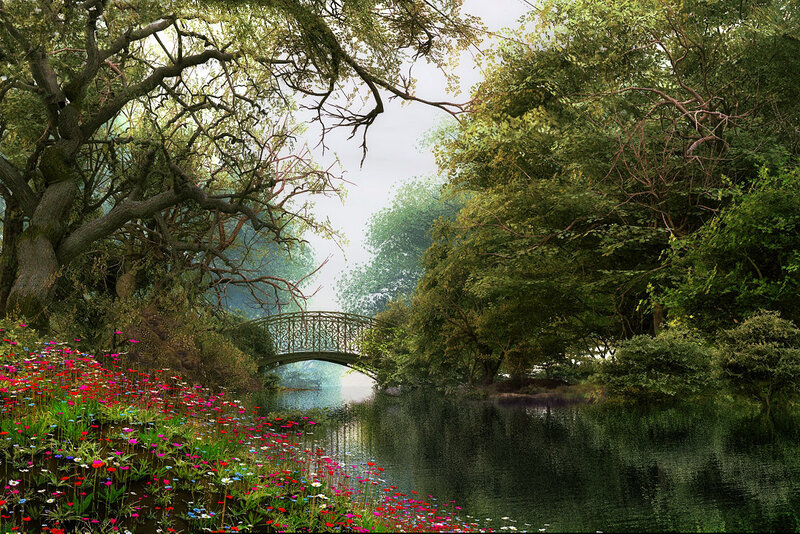 Bridge over River in Forest — Green