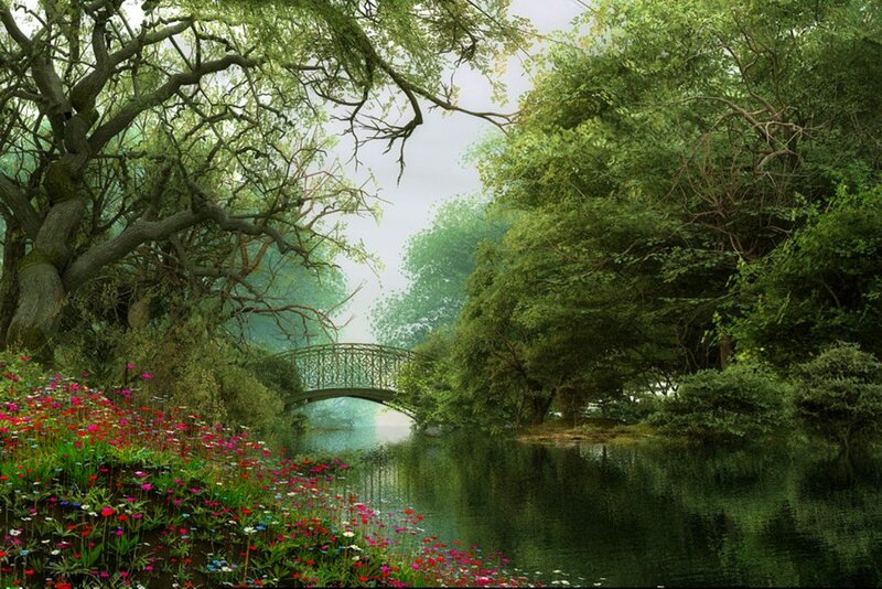 Bridge over River in Garden — Green
