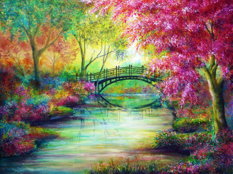 Bridge over River in Garden — Pink