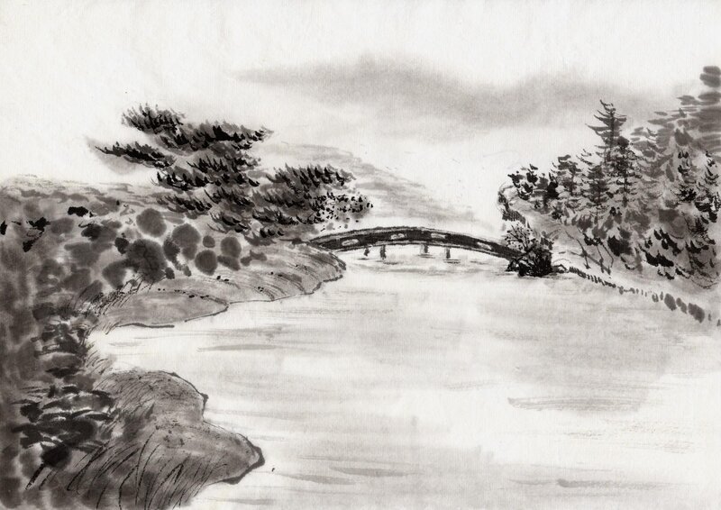 Bridge over River Landscape — Black