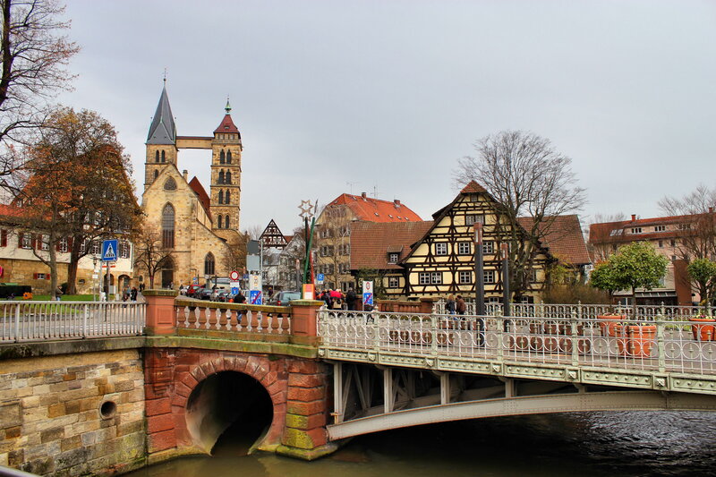 Bridge over River with Church — Gray