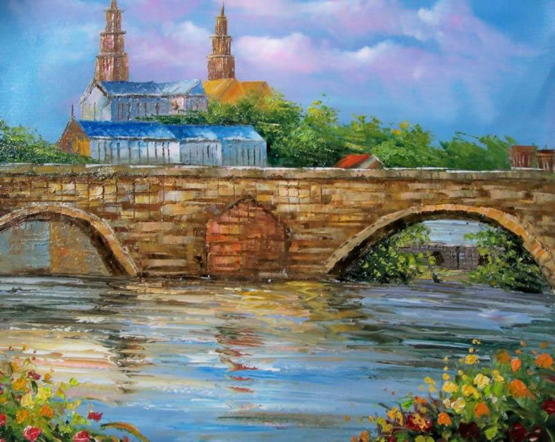 Bridge over river with church